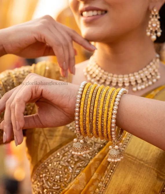 Haldi Glow Yellow Glass Pearl Bangle Set